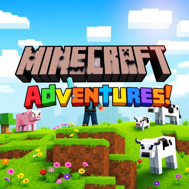 A vibrant and eye-catching cover design for a Minecraft video, featuring a blocky, pixelated landscape with a bright blue sky and fluffy clouds