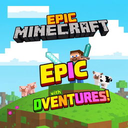 A vibrant and eye-catching cover design for a Minecraft video, featuring a blocky, pixelated landscape with a bright blue sky and fluffy clouds