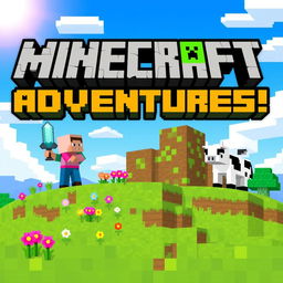 A vibrant and eye-catching cover design for a Minecraft video, featuring a blocky, pixelated landscape with a bright blue sky and fluffy clouds