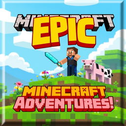 A vibrant and eye-catching cover design for a Minecraft video, featuring a blocky, pixelated landscape with a bright blue sky and fluffy clouds