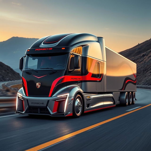 A breathtaking custom semi-truck inspired by the iconic design of Porsche sports cars, featuring a blend of luxury and performance