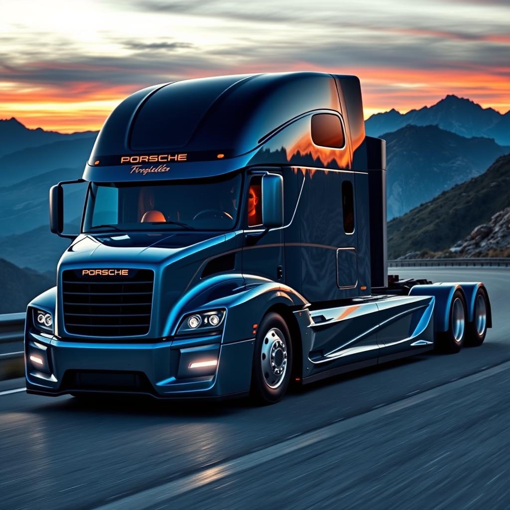 An exhilarating custom semi-truck inspired by Porsche's iconic styling, showcasing a design that blends luxury with high performance