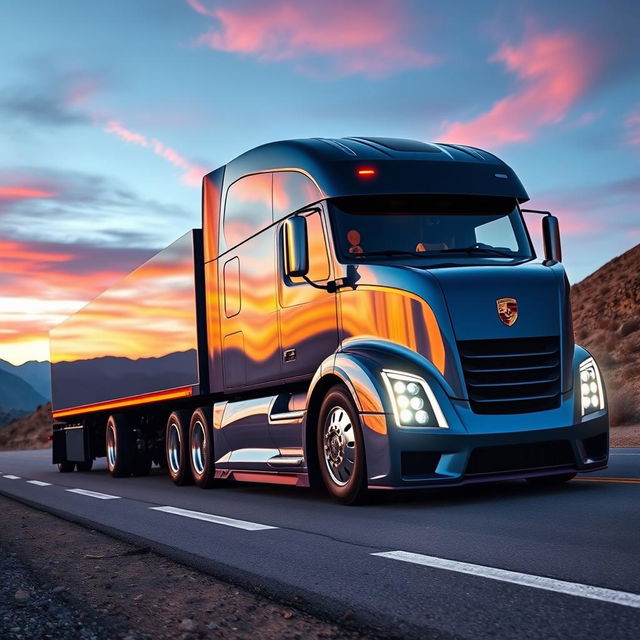 An exhilarating custom semi-truck inspired by Porsche's iconic styling, showcasing a design that blends luxury with high performance