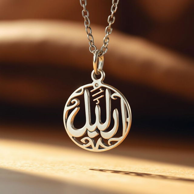 A stunning metal necklace featuring the name 'محمد' beautifully engraved in Arabic calligraphy