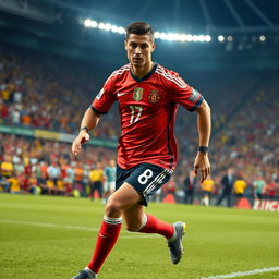 A detailed portrait of Cristiano Ronaldo, the iconic football player, showcasing his dedication and skill on the field
