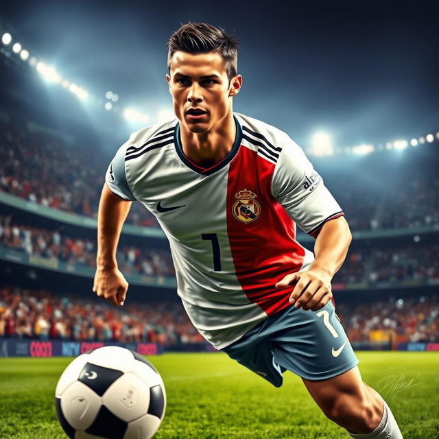 A detailed portrait of Cristiano Ronaldo, the iconic football player, showcasing his dedication and skill on the field