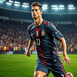 A detailed portrait of Cristiano Ronaldo, the iconic football player, showcasing his dedication and skill on the field
