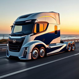 A custom semi-truck inspired by Honda's innovative design language, showcasing a sleek and modern appearance
