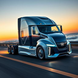A custom semi-truck inspired by Honda's innovative design language, showcasing a sleek and modern appearance