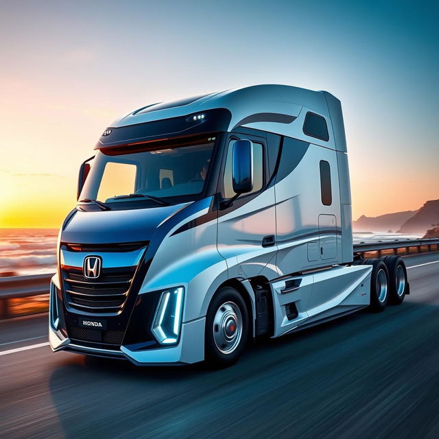 A custom semi-truck inspired by Honda's innovative design language, showcasing a sleek and modern appearance