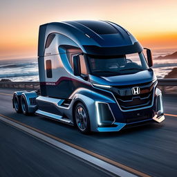A custom semi-truck inspired by Honda's innovative design language, showcasing a sleek and modern appearance
