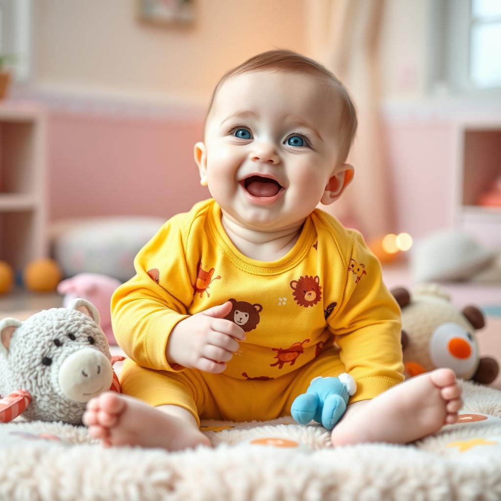 A heartwarming scene of a cute baby laughing and playing on a soft, colorful play mat filled with plush toys