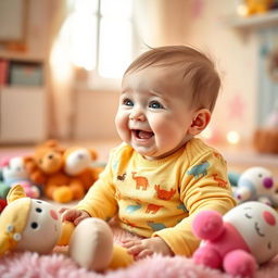 A heartwarming scene of a cute baby laughing and playing on a soft, colorful play mat filled with plush toys