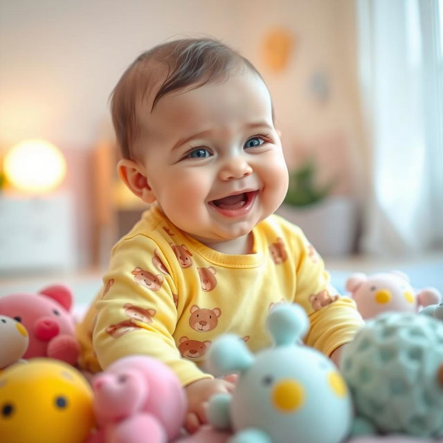 A heartwarming scene of a cute baby laughing and playing on a soft, colorful play mat filled with plush toys