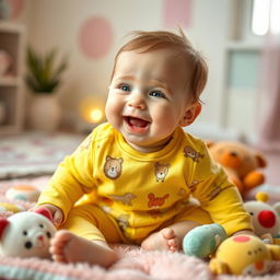 A heartwarming scene of a cute baby laughing and playing on a soft, colorful play mat filled with plush toys