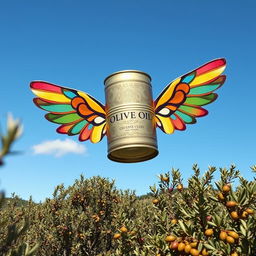 A whimsical scene featuring a vibrant olive oil can with colorful, oversized wings soaring through a clear blue sky