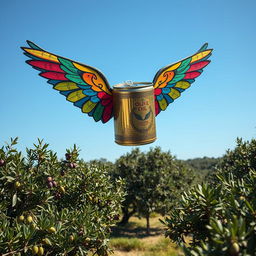 A whimsical scene featuring a vibrant olive oil can with colorful, oversized wings soaring through a clear blue sky