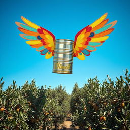 A whimsical scene featuring a vibrant olive oil can with colorful, oversized wings soaring through a clear blue sky