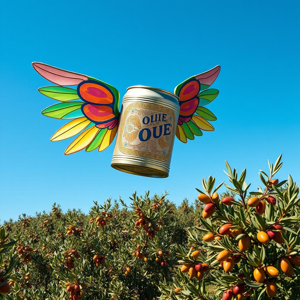 A whimsical scene featuring a vibrant olive oil can with colorful, oversized wings soaring through a clear blue sky