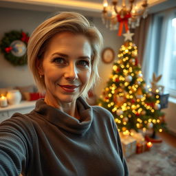 A sexy Russian woman aged between 40 to 45 years with a fashionable hairstyle and light blonde hair, taking a selfie