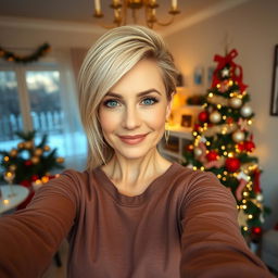 A sexy Russian woman aged between 40 to 45 years with a fashionable hairstyle and light blonde hair, taking a selfie
