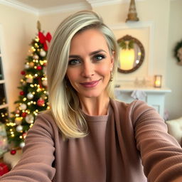 A glamorous Russian woman aged between 40 and 45, showcasing a fashionable hairstyle with light blonde hair, captured in a selfie