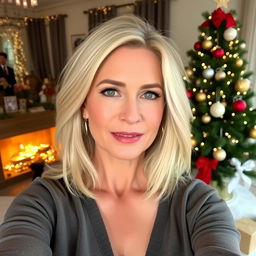 A glamorous Russian woman aged between 40 and 45, showcasing a fashionable hairstyle with light blonde hair, captured in a selfie