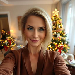 A glamorous Russian woman aged between 40 and 45, showcasing a fashionable hairstyle with light blonde hair, captured in a selfie