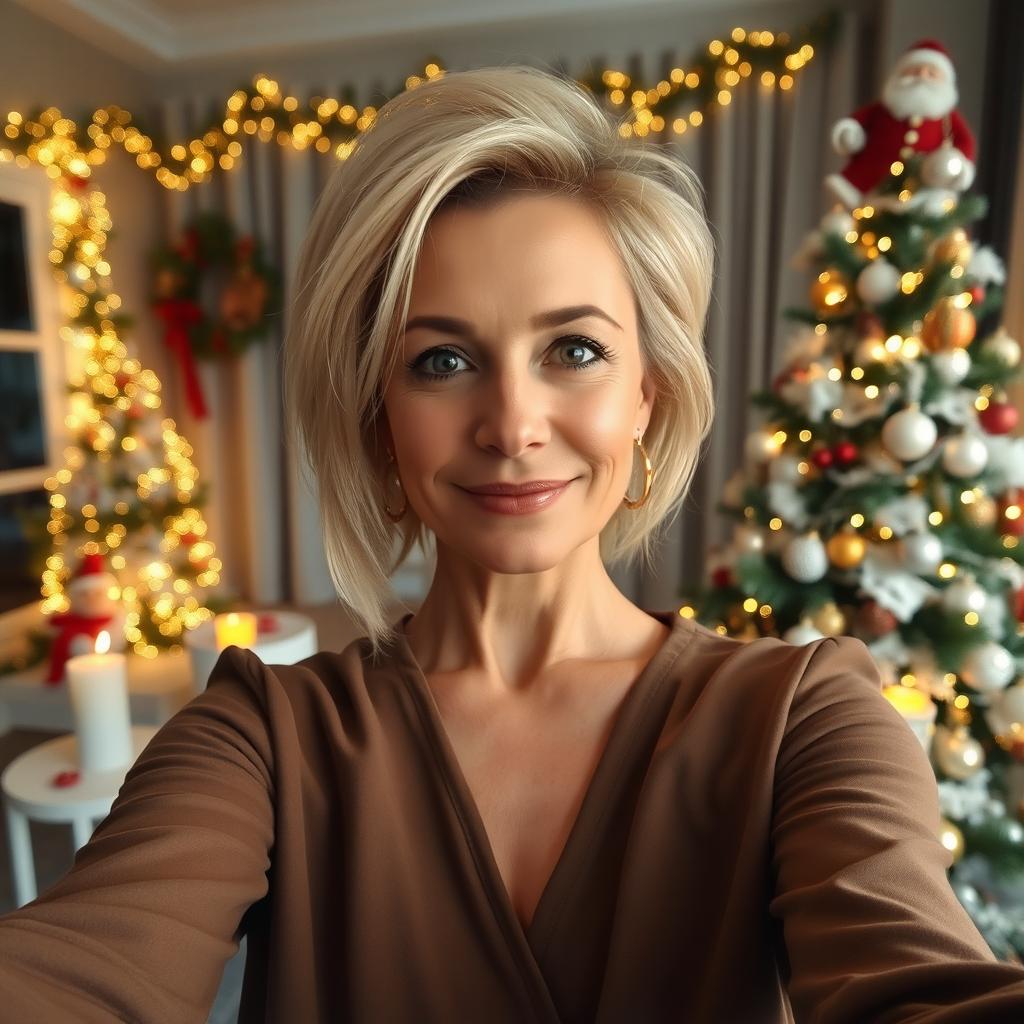 A glamorous Russian woman aged between 40 and 45, showcasing a fashionable hairstyle with light blonde hair, captured in a selfie