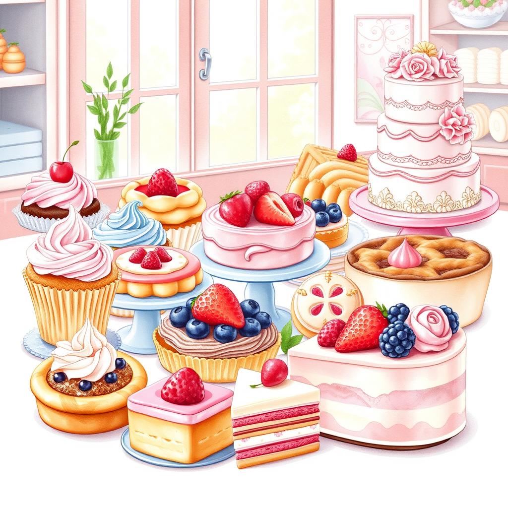 A beautiful and enticing display of various delicious desserts, including colorful cupcakes with swirls of frosting, an assortment of tarts with fresh fruit, elegant pastries, and a layered cake adorned with intricate decorations