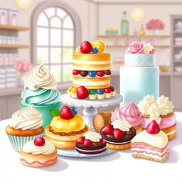 A beautiful and enticing display of various delicious desserts, including colorful cupcakes with swirls of frosting, an assortment of tarts with fresh fruit, elegant pastries, and a layered cake adorned with intricate decorations