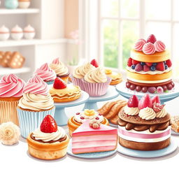 A beautiful and enticing display of various delicious desserts, including colorful cupcakes with swirls of frosting, an assortment of tarts with fresh fruit, elegant pastries, and a layered cake adorned with intricate decorations