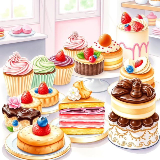 A beautiful and enticing display of various delicious desserts, including colorful cupcakes with swirls of frosting, an assortment of tarts with fresh fruit, elegant pastries, and a layered cake adorned with intricate decorations