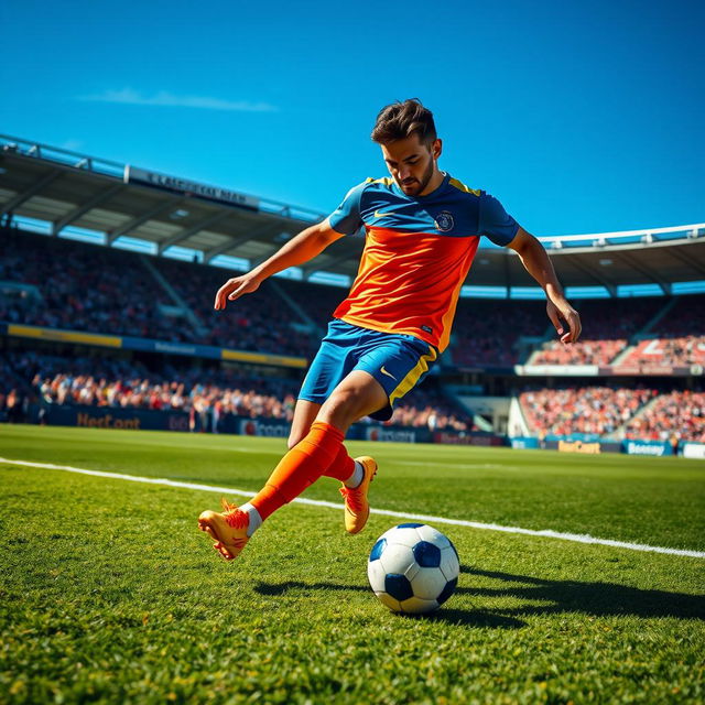 A dynamic action shot of a male soccer player, resembling a famous athlete, dribbling a ball across a picturesque soccer field under a clear blue sky