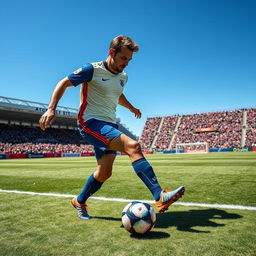 A dynamic action shot of a male soccer player, resembling a famous athlete, dribbling a ball across a picturesque soccer field under a clear blue sky