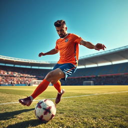 A dynamic action shot of a male soccer player, resembling a famous athlete, dribbling a ball across a picturesque soccer field under a clear blue sky