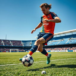 A dynamic action shot of a male soccer player, resembling a famous athlete, dribbling a ball across a picturesque soccer field under a clear blue sky