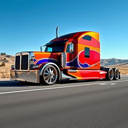 A stunning custom cutting-edge semi-truck featuring unique Honda rims and wheels, showcasing a vibrant color scheme with sleek designs and aerodynamic accents