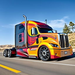 A stunning custom cutting-edge semi-truck featuring unique Honda rims and wheels, showcasing a vibrant color scheme with sleek designs and aerodynamic accents