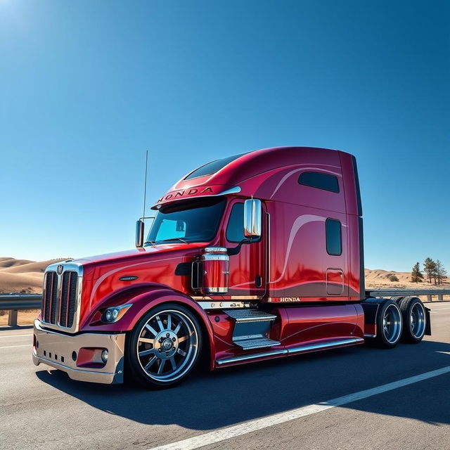 A stunning custom cutting-edge semi-truck featuring unique Honda rims and wheels, showcasing a vibrant color scheme with sleek designs and aerodynamic accents