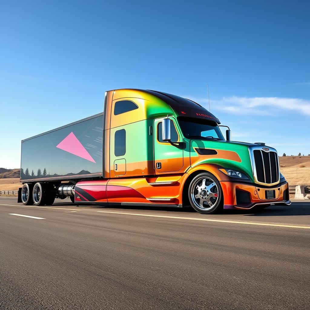 A stunning custom cutting-edge semi-truck featuring unique Honda rims and wheels, showcasing a vibrant color scheme with sleek designs and aerodynamic accents