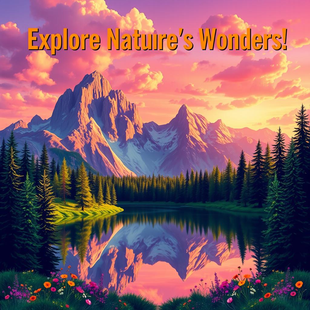 A vibrant and eye-catching poster featuring a stylized representation of a serene mountain landscape during sunrise