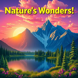 A vibrant and eye-catching poster featuring a stylized representation of a serene mountain landscape during sunrise