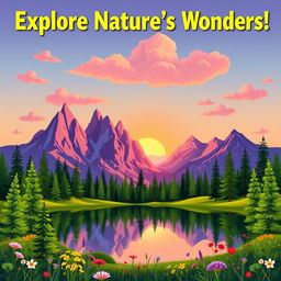 A vibrant and eye-catching poster featuring a stylized representation of a serene mountain landscape during sunrise