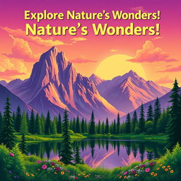 A vibrant and eye-catching poster featuring a stylized representation of a serene mountain landscape during sunrise