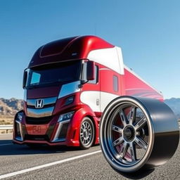 A striking custom-cutting-edge semi-truck fitted with distinctive Honda rims and wheels, emphasizing their unique design and craftsmanship