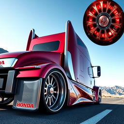 A striking custom-cutting-edge semi-truck fitted with distinctive Honda rims and wheels, emphasizing their unique design and craftsmanship