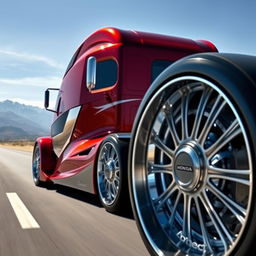 A striking custom-cutting-edge semi-truck fitted with distinctive Honda rims and wheels, emphasizing their unique design and craftsmanship