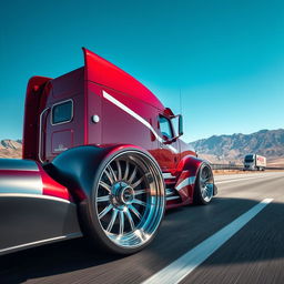 A striking custom-cutting-edge semi-truck fitted with distinctive Honda rims and wheels, emphasizing their unique design and craftsmanship