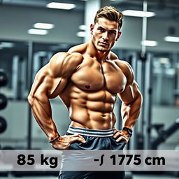 A representation of a fit individual with a muscular build, showcasing the physique of someone weighing 85 kg and standing at 179 cm tall